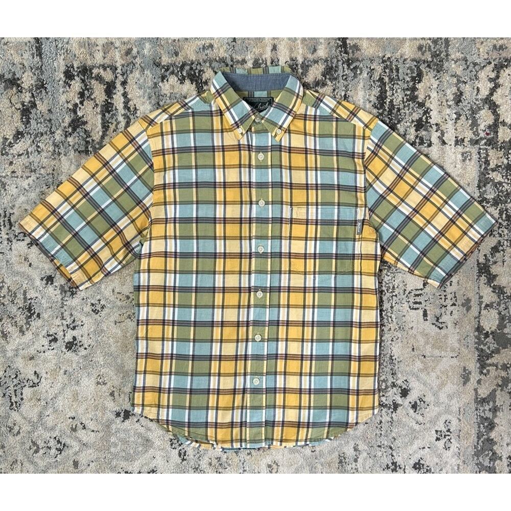 Woolrich Men’s Button Up Short Sleeve Shirt Yellow Blue Plaid Cotton Size Small